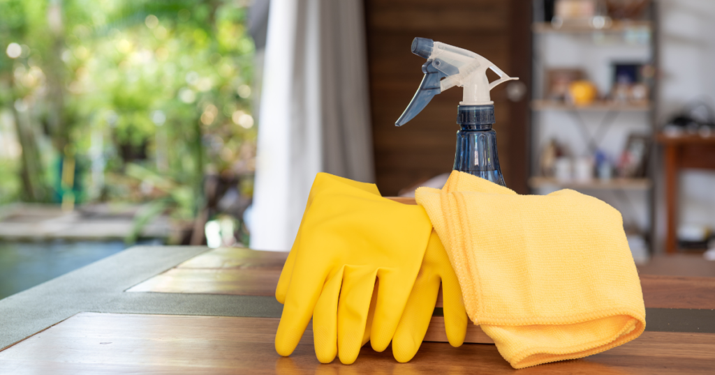 Cleaning supplies on counter 